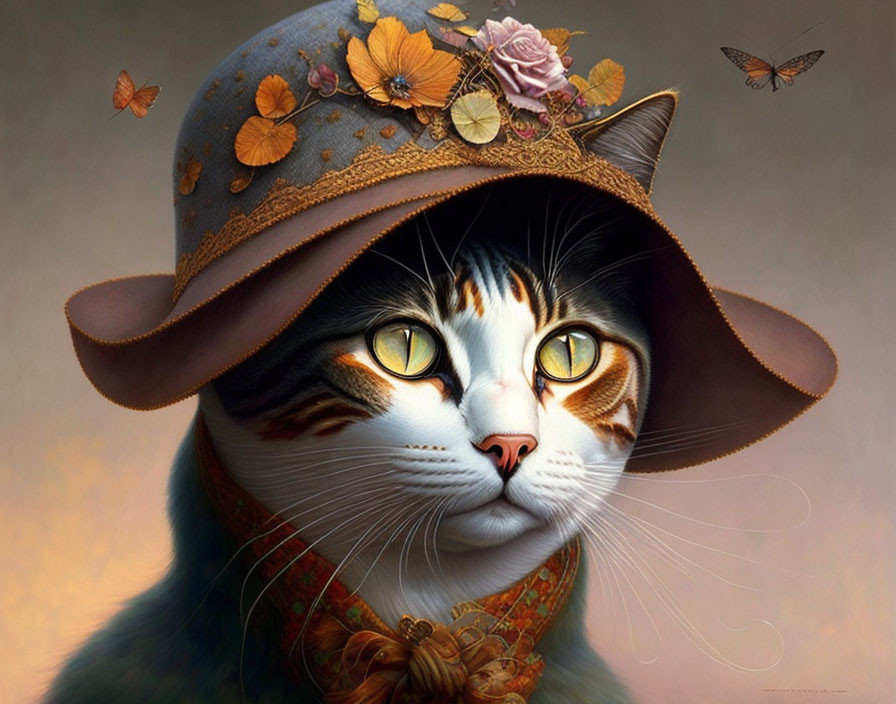 Digital artwork: Elegant cat with floral hat and scarf