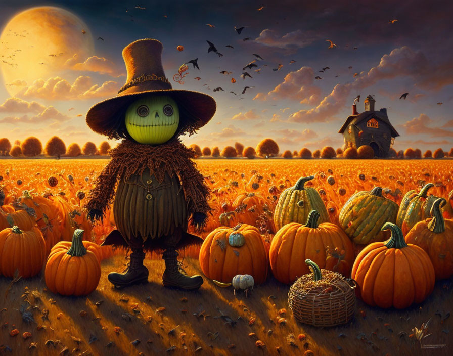 Pumpkin-headed figure in pumpkin field at sunset