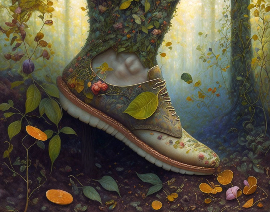 Surreal painting of shoe engulfed by vines in whimsical forest