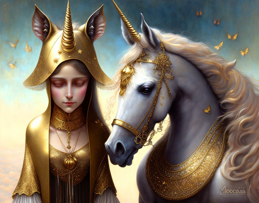 Illustration of woman and unicorn in golden ornaments under starry sky