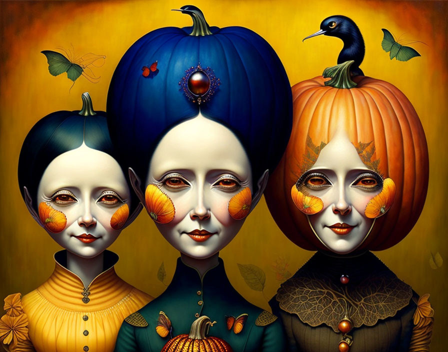 Stylized pumpkin-headed figures with autumn leaves and bird on golden background