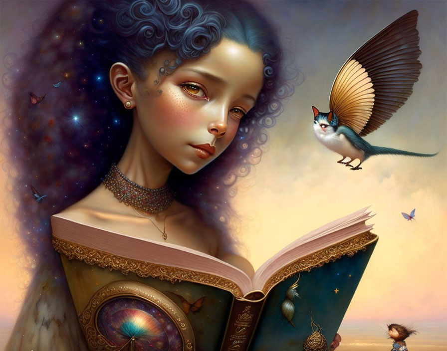 Fantasy illustration of young girl with starry hair reading a book