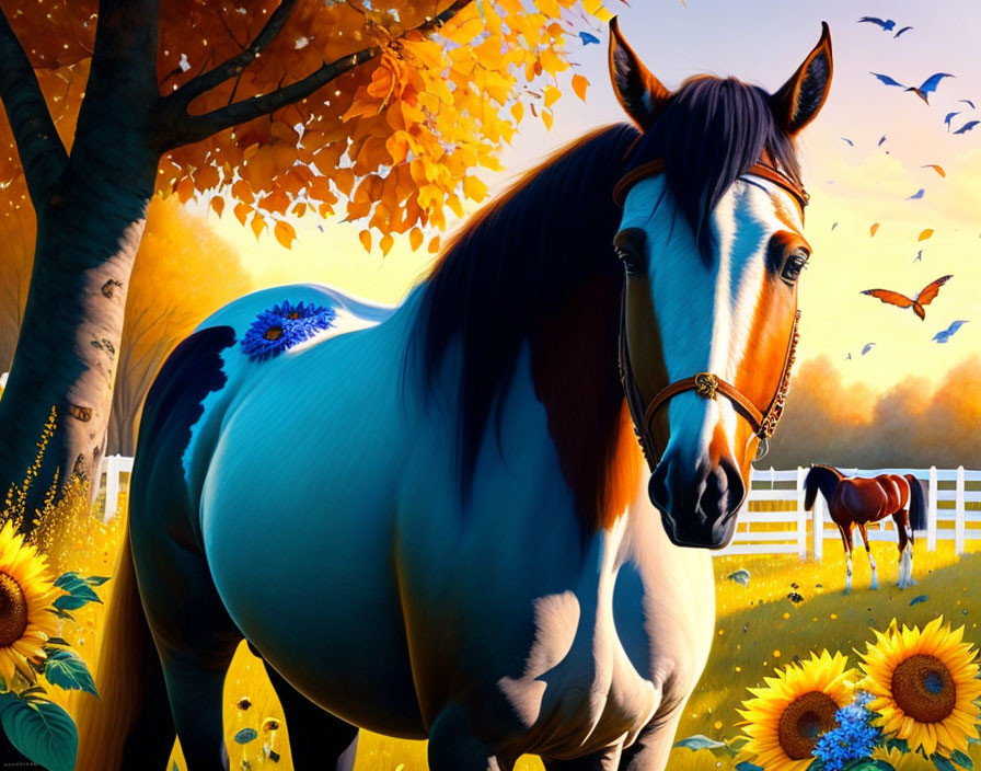 Colorful Autumn Scene Featuring Brown Horse, Sunflowers, and Butterfly