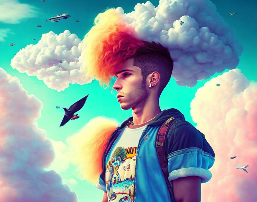 Vibrant surreal portrait with cloud-like hair and whimsical sky