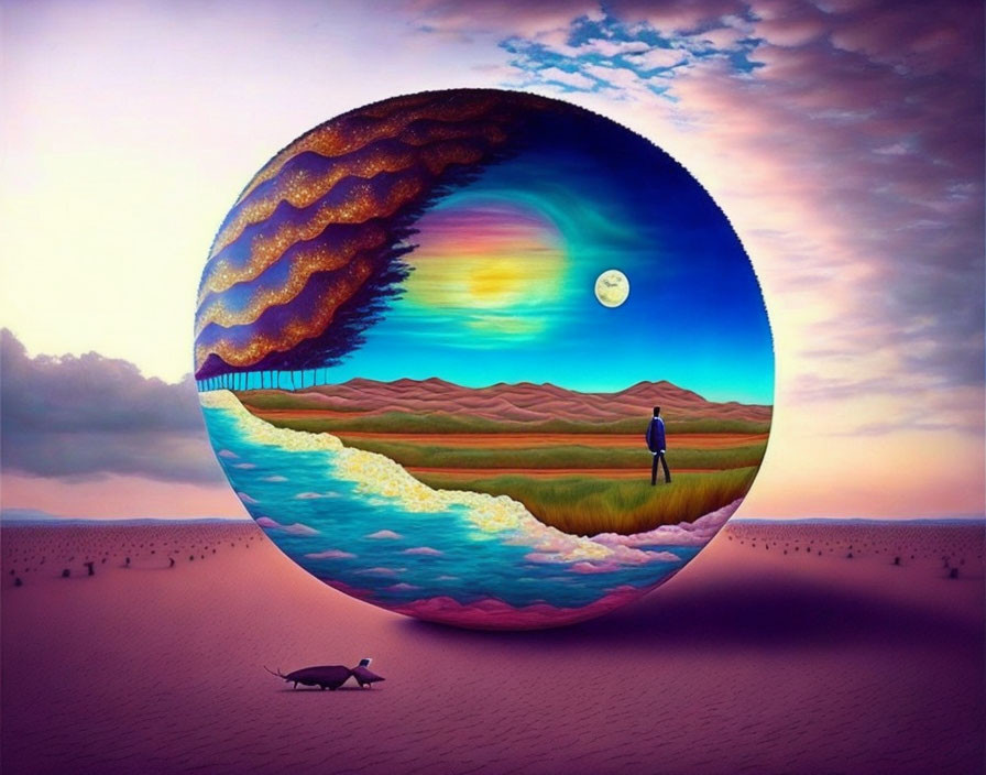 Surreal sphere landscape with figure and armadillo in vibrant skies