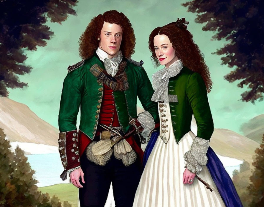 Man and woman in historical clothing against natural landscape in 18th-century attire