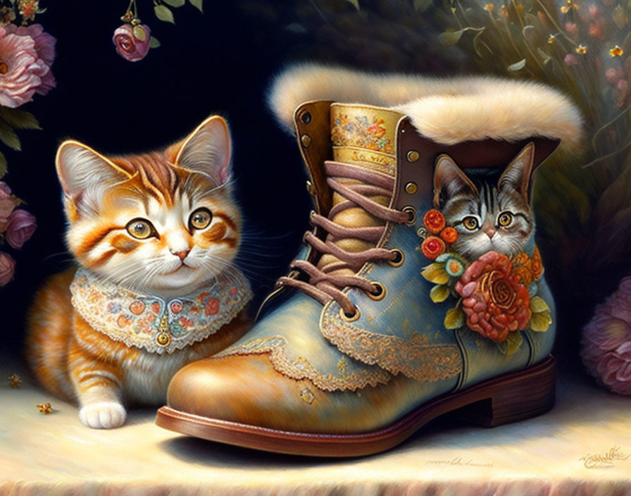 Illustration of two kittens in lace-up boot and roses on dark background