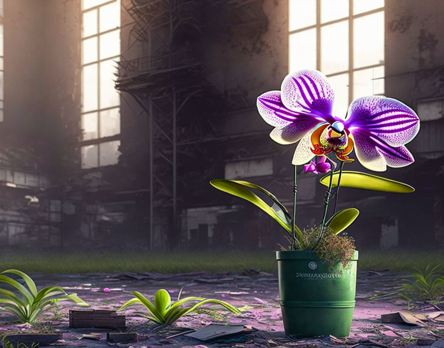 Purple orchid in green pot amidst ruins and sunlight.