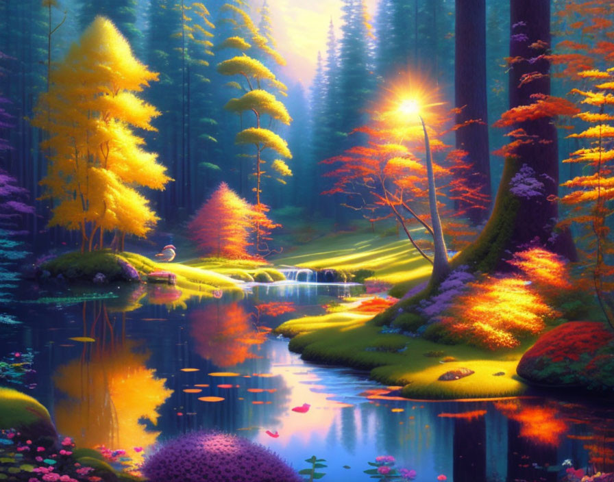 Colorful Forest Scene with Sunlight, Stream, and Lush Foliage