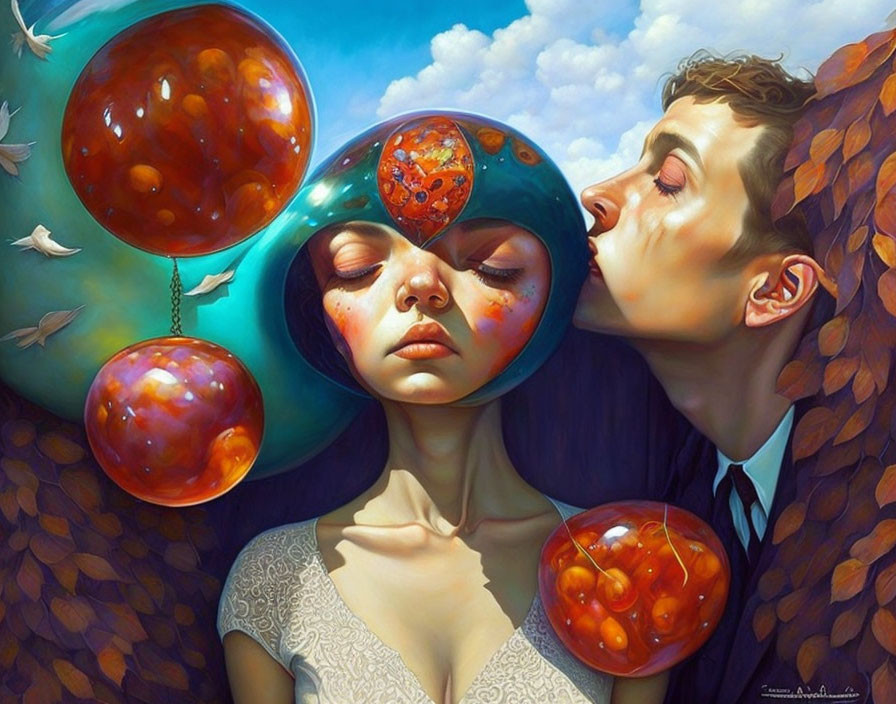 Surreal painting: Woman with space-themed bubbles, man kissing cheek, autumn-leaf backdrop