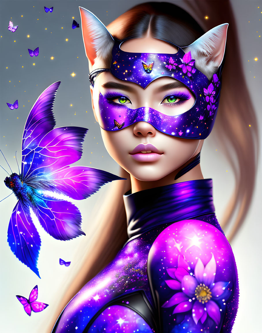 Digital artwork: Woman with cat ears in galaxy mask & attire with purple butterflies.