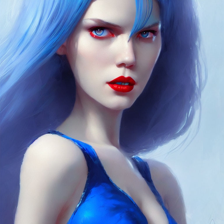 Vibrant digital portrait of a woman with blue hair and red eyes