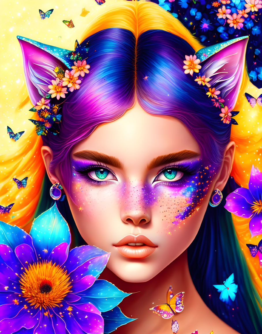 Colorful digital portrait of a person with multicolored hair, cat ears, blue eyes, and