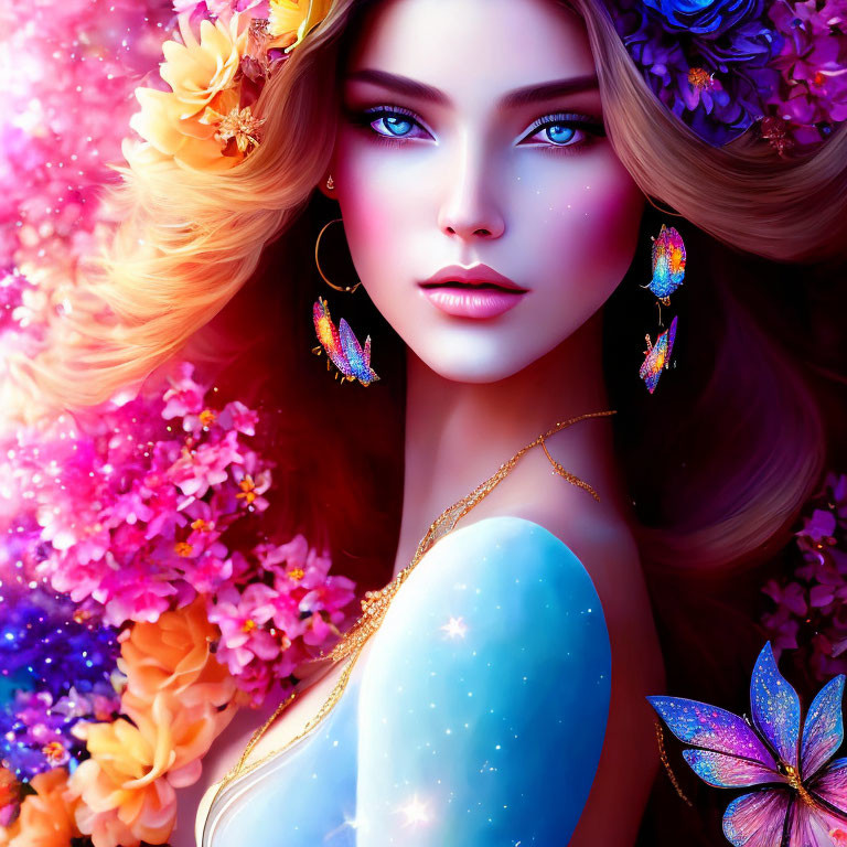 Colorful Woman Illustration with Blue Eyes, Flowers, Butterflies, Stars, and Floral Background