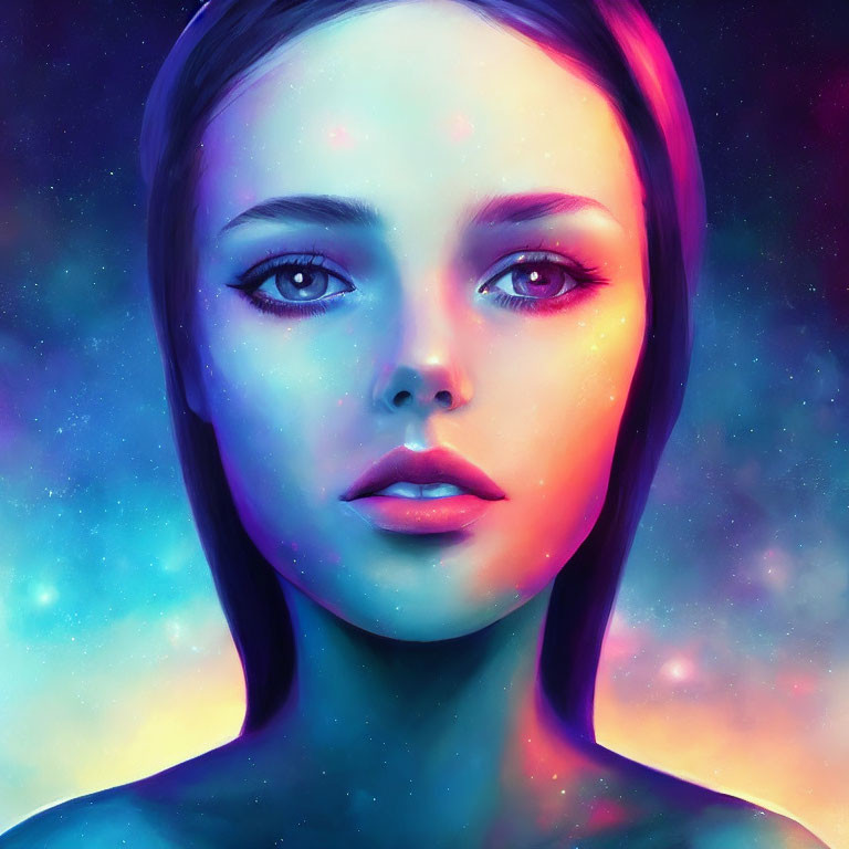 Vibrant digital artwork of a woman with violet eyes in cosmic backdrop