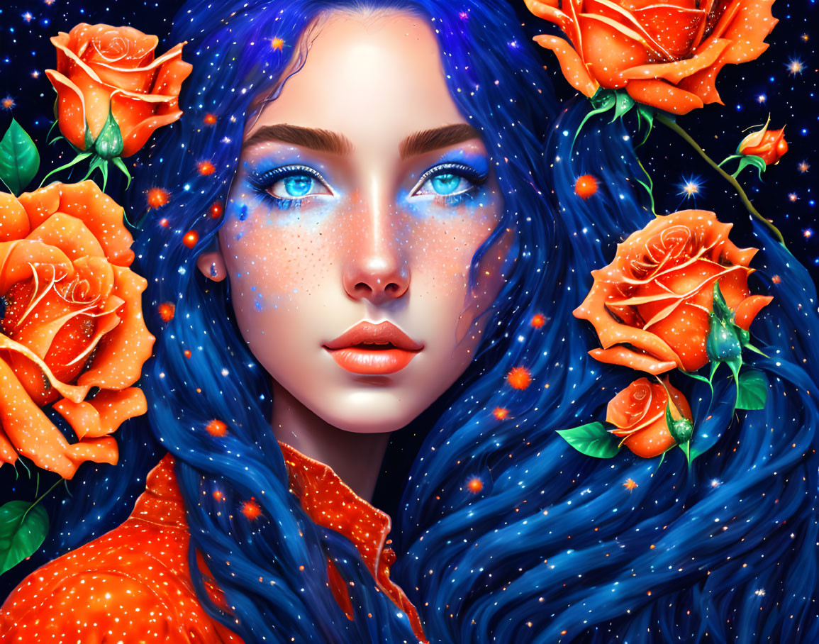 Vivid digital portrait of woman with blue hair and eyes amid orange roses and cosmic backdrop