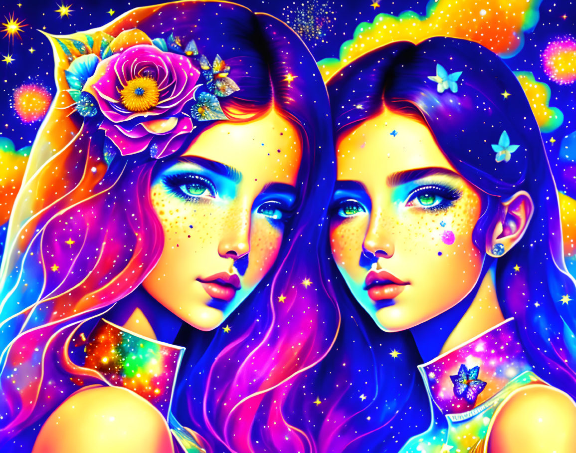 Colorful celestial-themed illustration of two women with unique makeup and multicolored hair against a star-filled