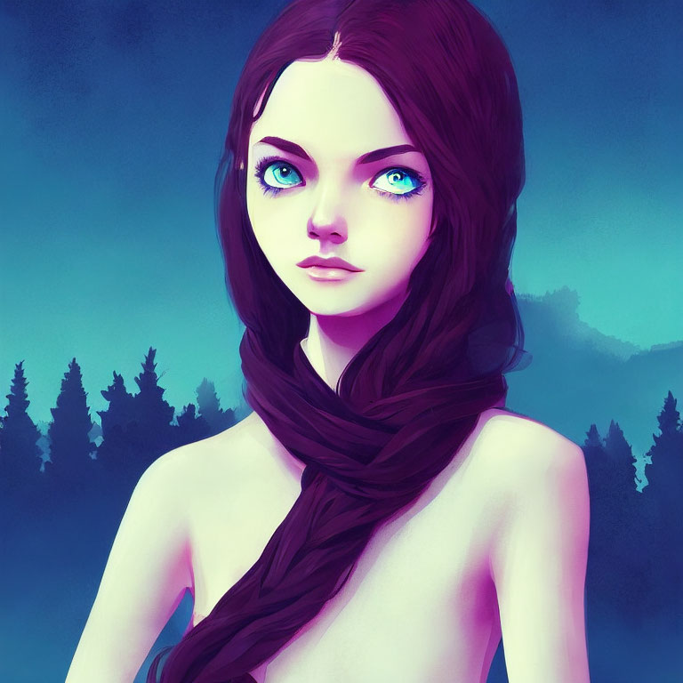 Woman with Blue Eyes and Braided Hair in Pine Forest Twilight