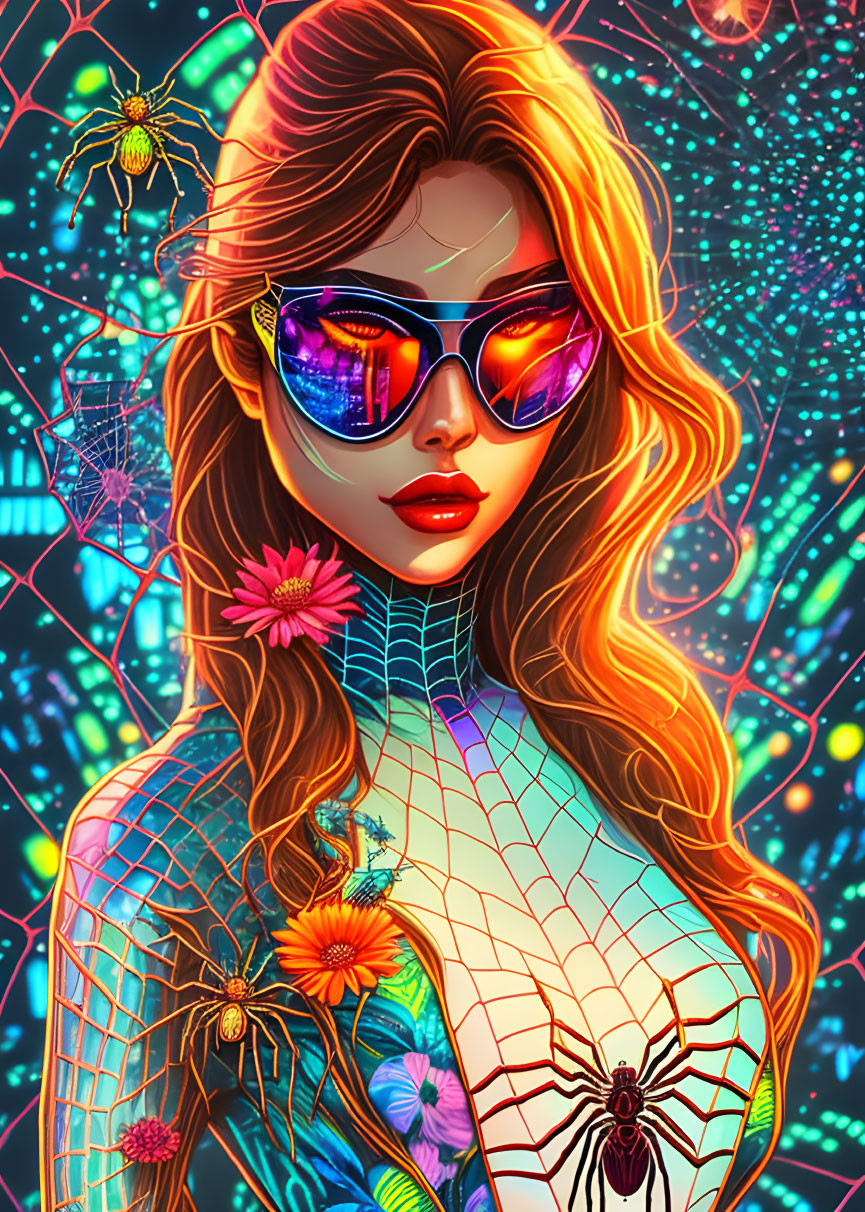 Colorful Cyberpunk Art: Woman in Reflective Sunglasses with Neon Lights and Spider Motifs