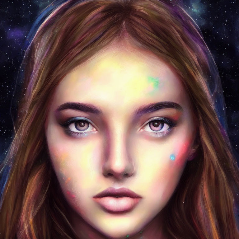 Detailed digital portrait of young woman with brown eyes and cosmic background