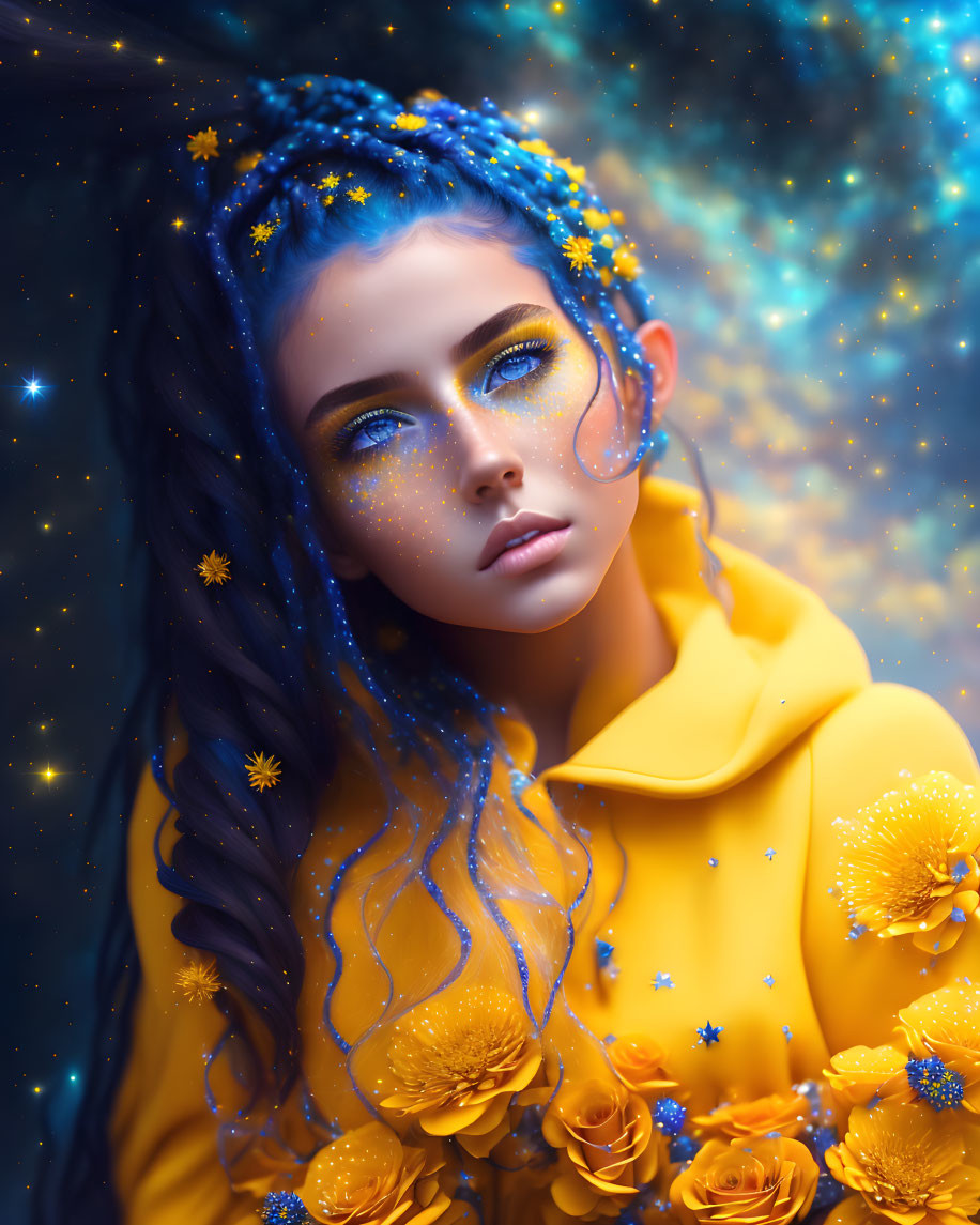 Blue-haired woman in yellow outfit with starry makeup on starlit background