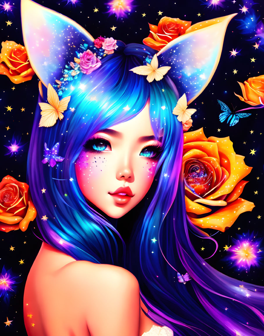 Fantasy character with blue hair and cat ears surrounded by butterflies and roses