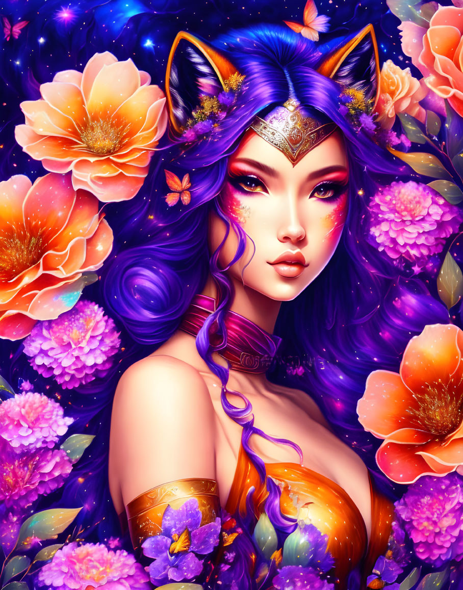 Colorful illustration: Woman with purple hair, fox ears, and golden ornaments among vibrant flowers