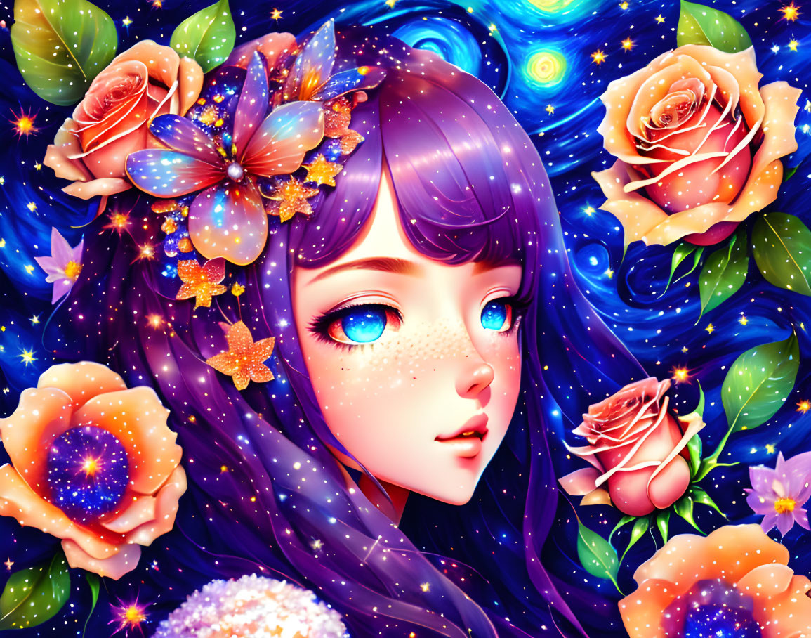 Vibrant girl with purple hair in cosmic setting surrounded by roses and butterflies