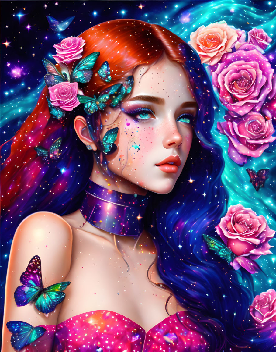 Fantasy illustration: Woman with galaxy hair, roses, butterflies in starry scene