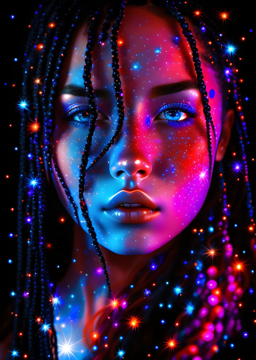 Digital portrait: Woman with braided hair and star-like specks on skin in cosmic setting