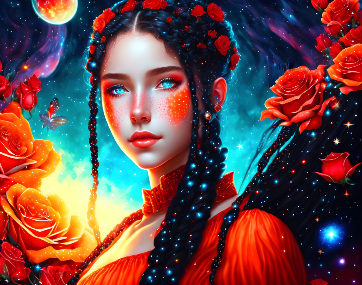 Fantasy portrait: Woman with blue eyes, dark hair, red flowers, roses, butterflies, celestial