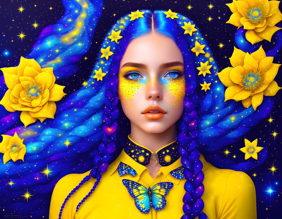 Illustration of woman with blue hair, cosmic theme, yellow flowers, and butterfly on starry backdrop