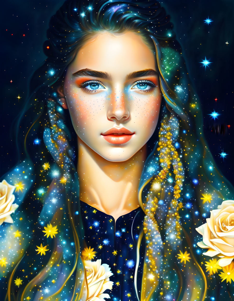 Digital artwork: Woman with star-speckled skin, blue eyes, galaxy hair.