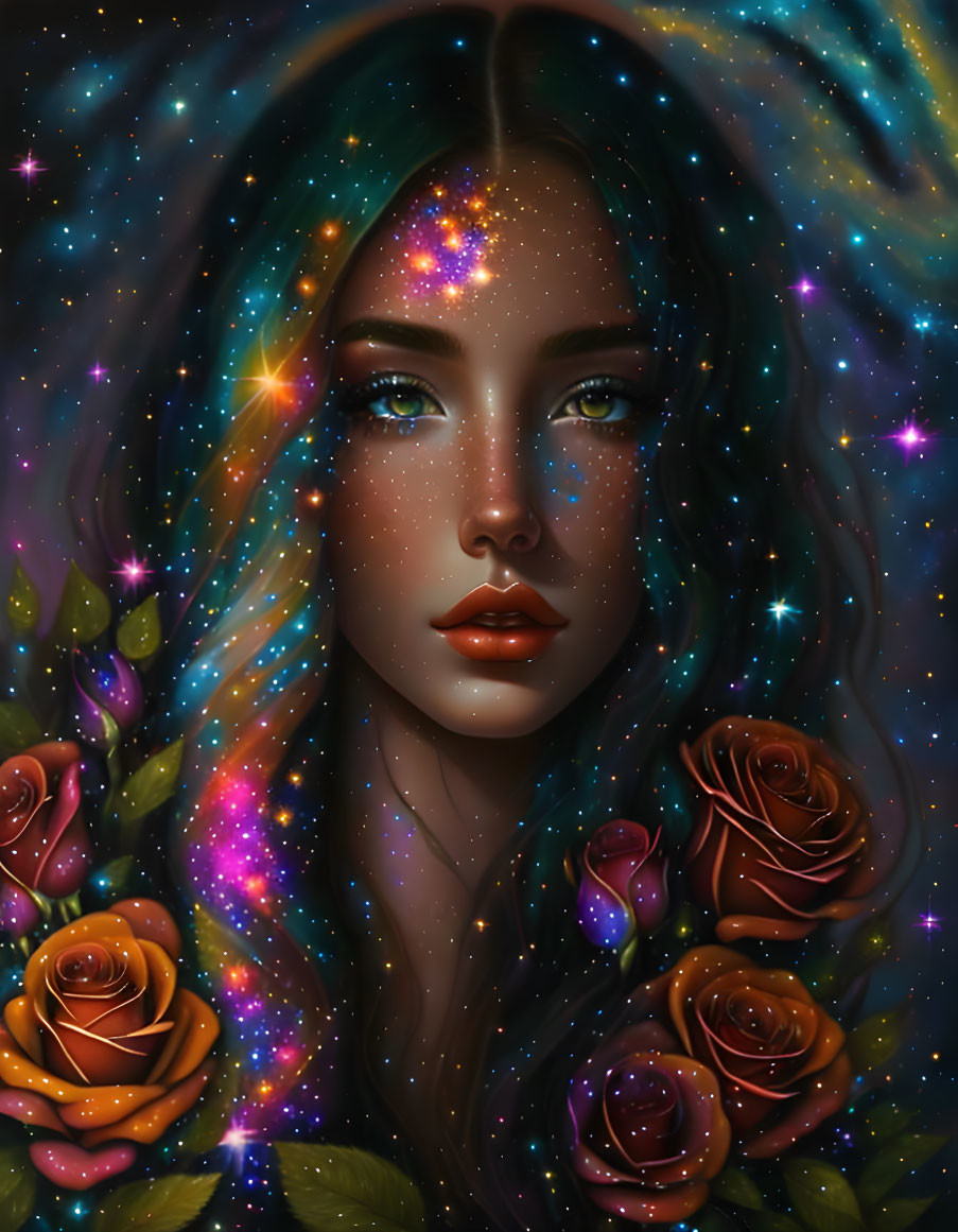 Portrait of Woman with Galaxy-Themed Hair and Cosmic Background