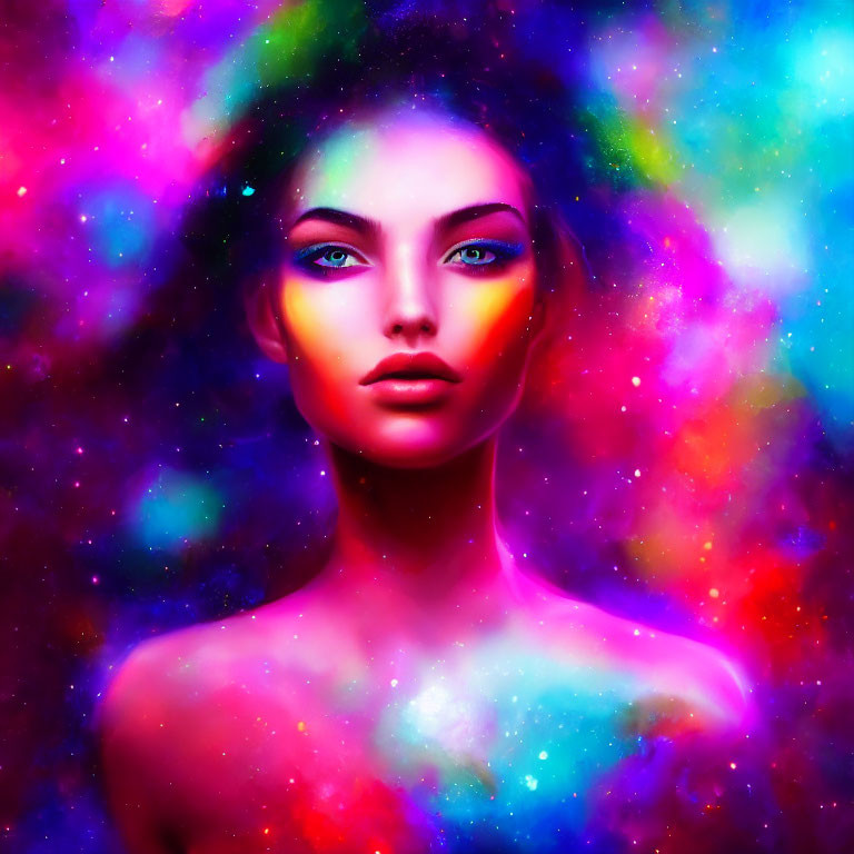 Colorful Portrait of Woman with Cosmic Starry Effect on Nebula Background