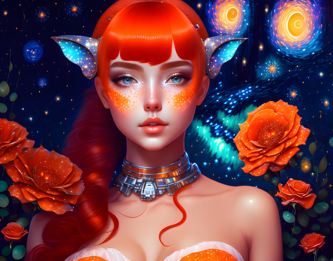 Red-haired female character with elf ears in futuristic attire, surrounded by roses and cosmic backdrop.