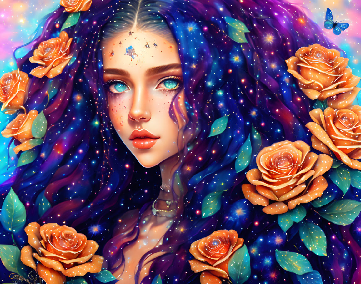 Digital Art: Woman with Galaxy Hair, Roses, and Butterflies