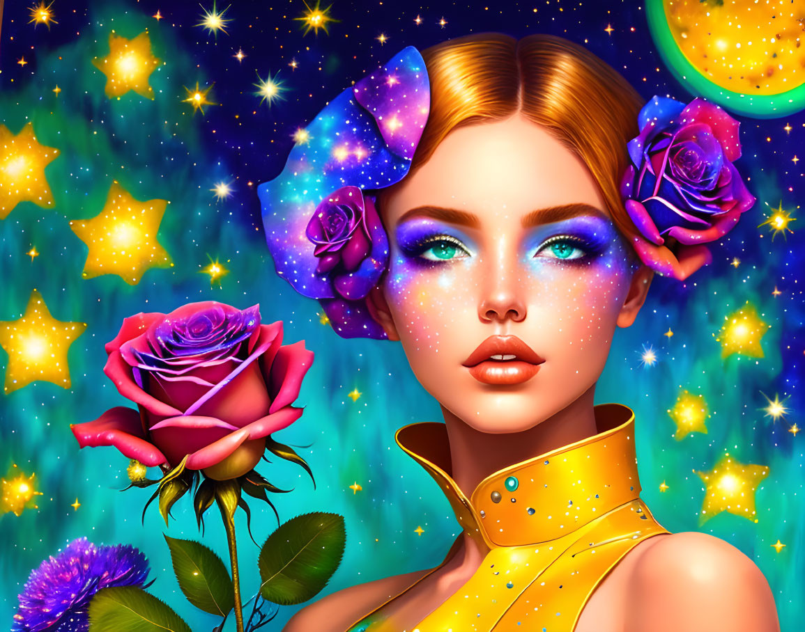 Colorful portrait of woman with glitter makeup and floral hair in cosmic setting