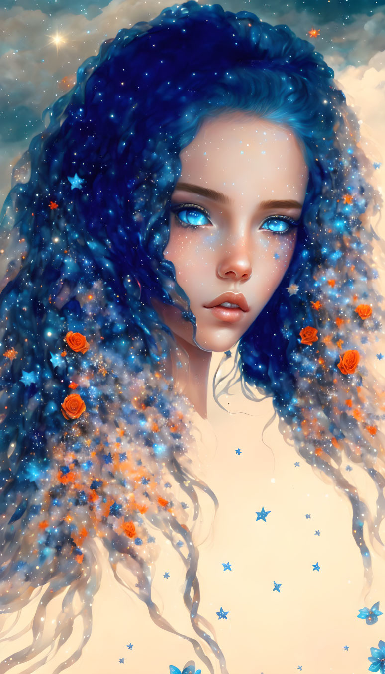 Blue-eyed girl with starry night hair and orange flowers in digital artwork