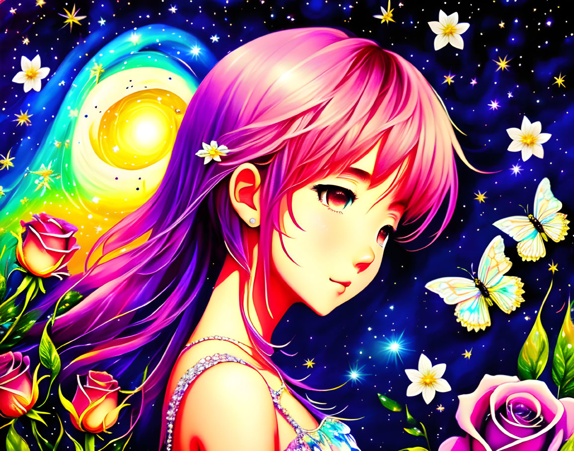 Anime-style artwork: Girl with purple hair in cosmic scene with roses, butterflies, galaxy