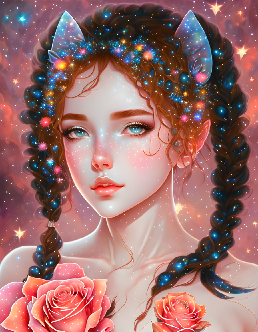 Woman with Cosmic Cat Ears and Starry Background Illustration