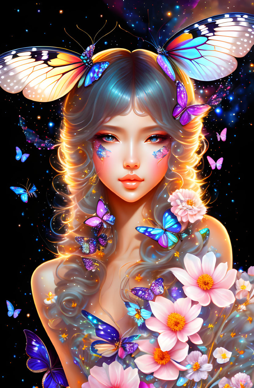 Digital Artwork: Woman with Butterflies and Flowers in Vibrant Colors