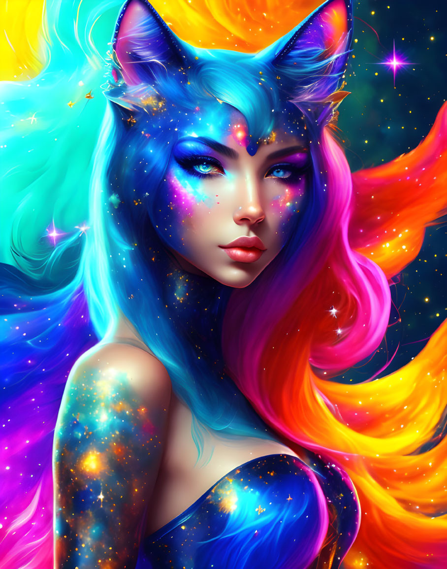 Digital artwork: Mystical woman with blue skin, cosmic patterns, cat-like ears, and colorful neb