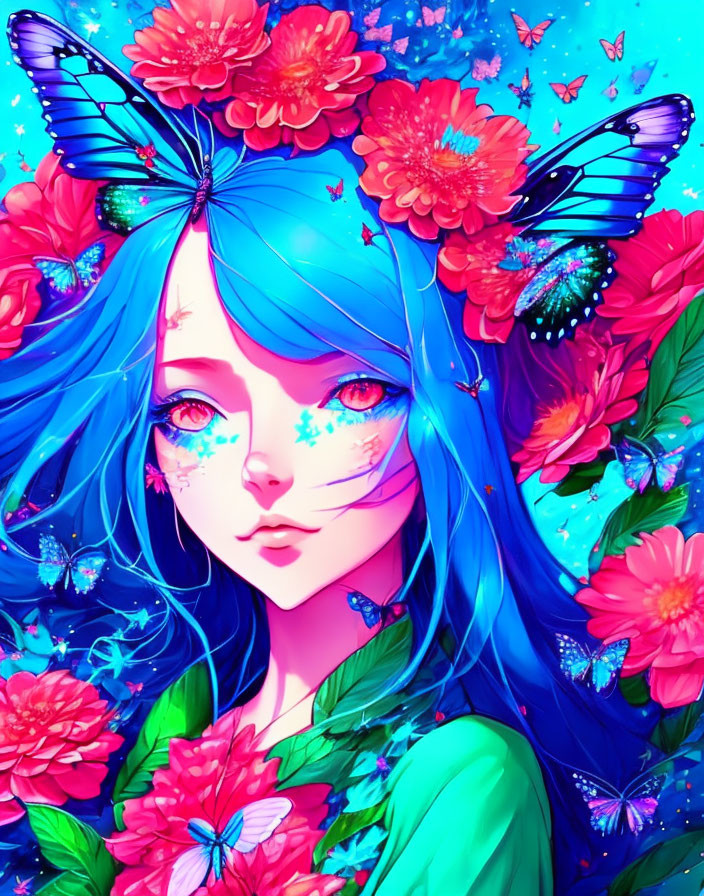 Colorful illustration of girl with blue hair, red flowers, and butterfly on blue background