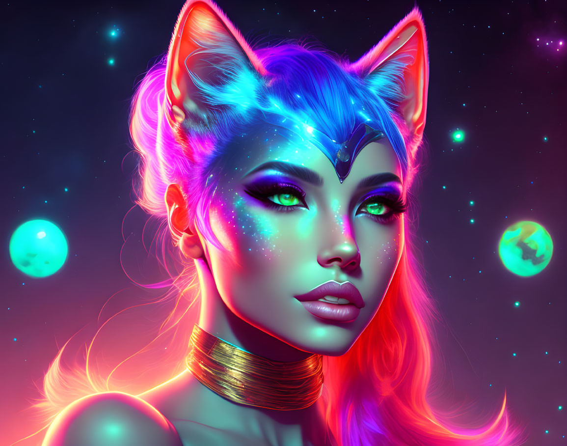 Colorful digital artwork of woman with cat ears and cosmic makeup on neon starry background