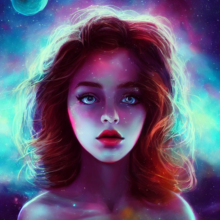 Digital artwork: Woman with blue eyes and wavy hair in cosmic scene