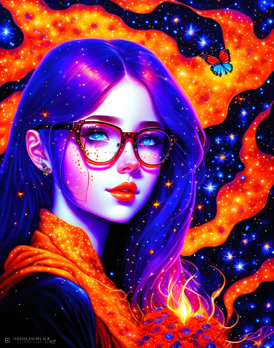 Colorful digital art: woman with blue hair, glasses, cosmic background.