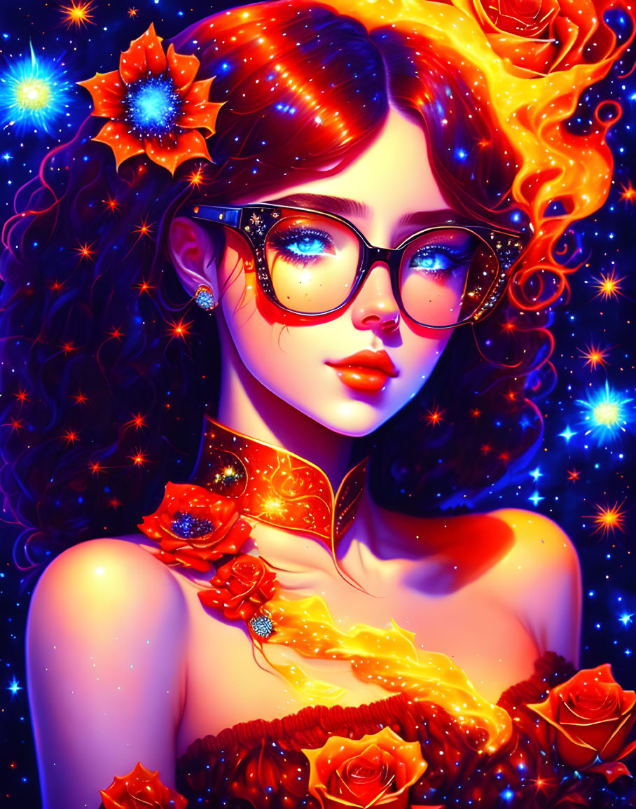 Illustrated woman with orange hair, blue glasses, stars, and red flowers on cosmic backdrop