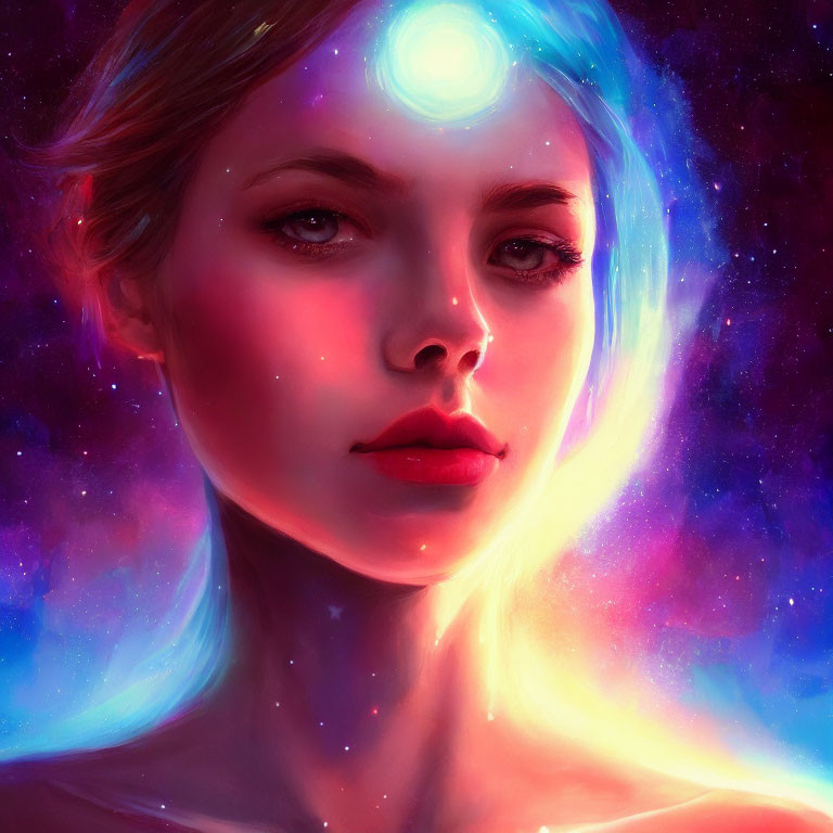 Vibrant cosmic-themed digital artwork of a woman