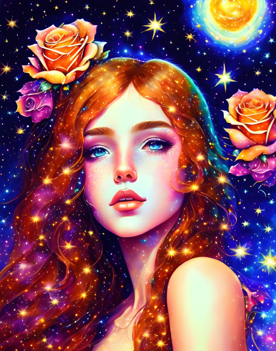 Illustration of woman with red hair and roses in cosmic setting